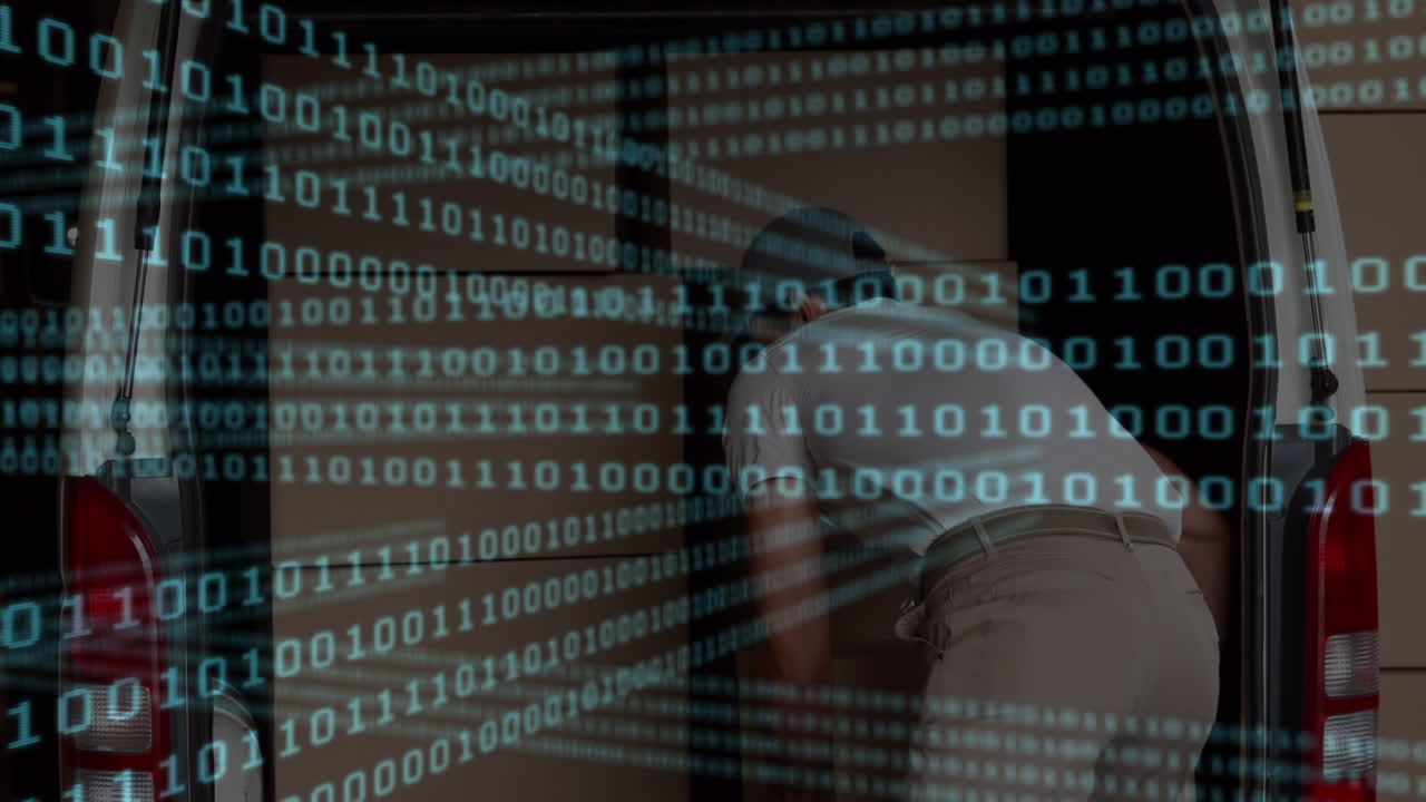 animación de codificación binaria sobre el hombre de la entrega