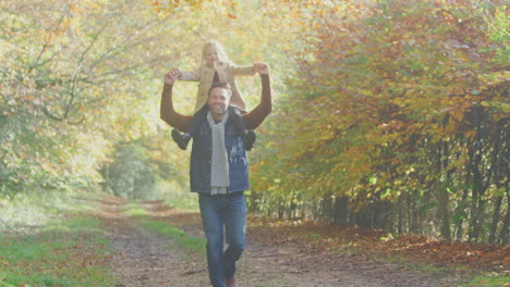 padre jugando a un juego cargando a su hija en los hombros en una caminata familiar a lo largo de la pista en el campo de otoño