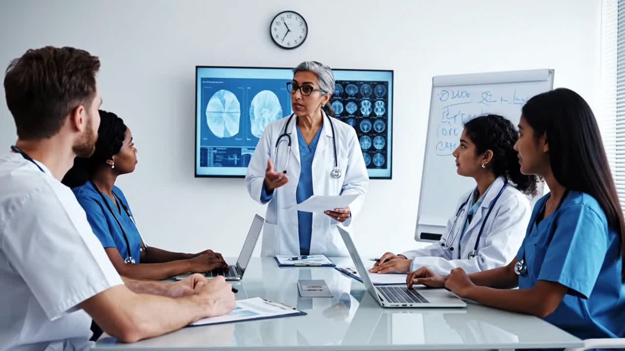 Doctors discussing patient scans during medical conference