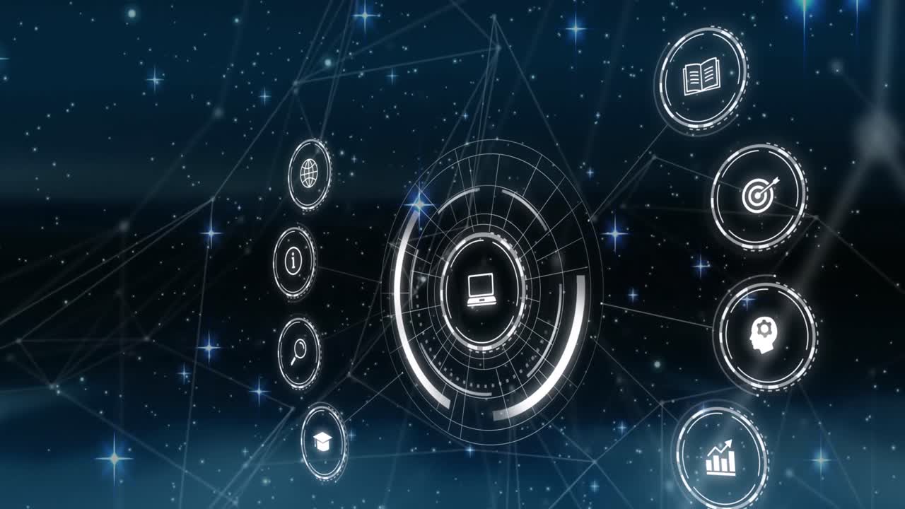 Animation of network of connections and digital icons against shining stars on black background