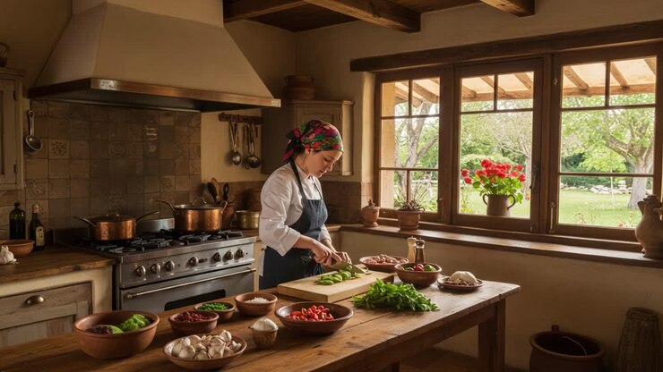 Un viaggio culinario: uno chef appassionato prepara con maestria verdure fresche in una cucina rustica, circondato dalla natura e ispirato dagli ingredienti di stagione