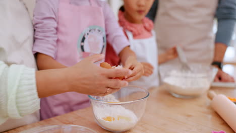 family, egg and hands of kid baking dessert