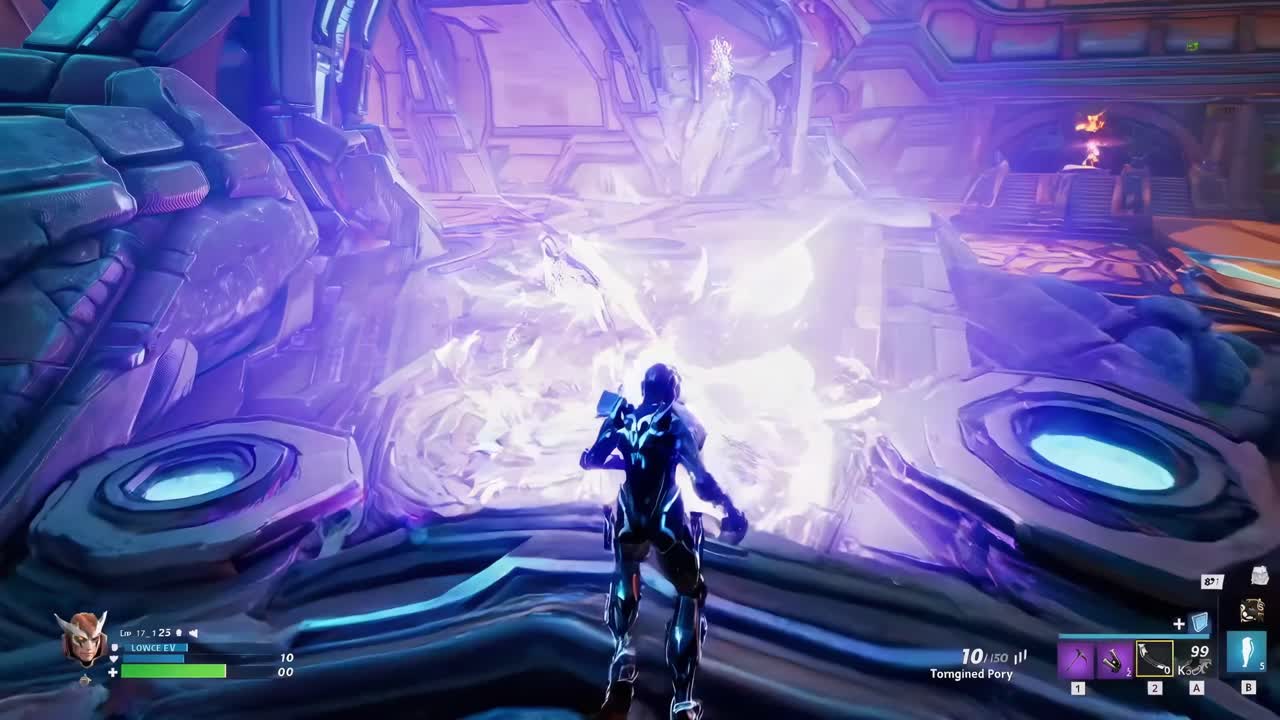 Futuristic video game scene with a third-person view of a character facing a glowing portal