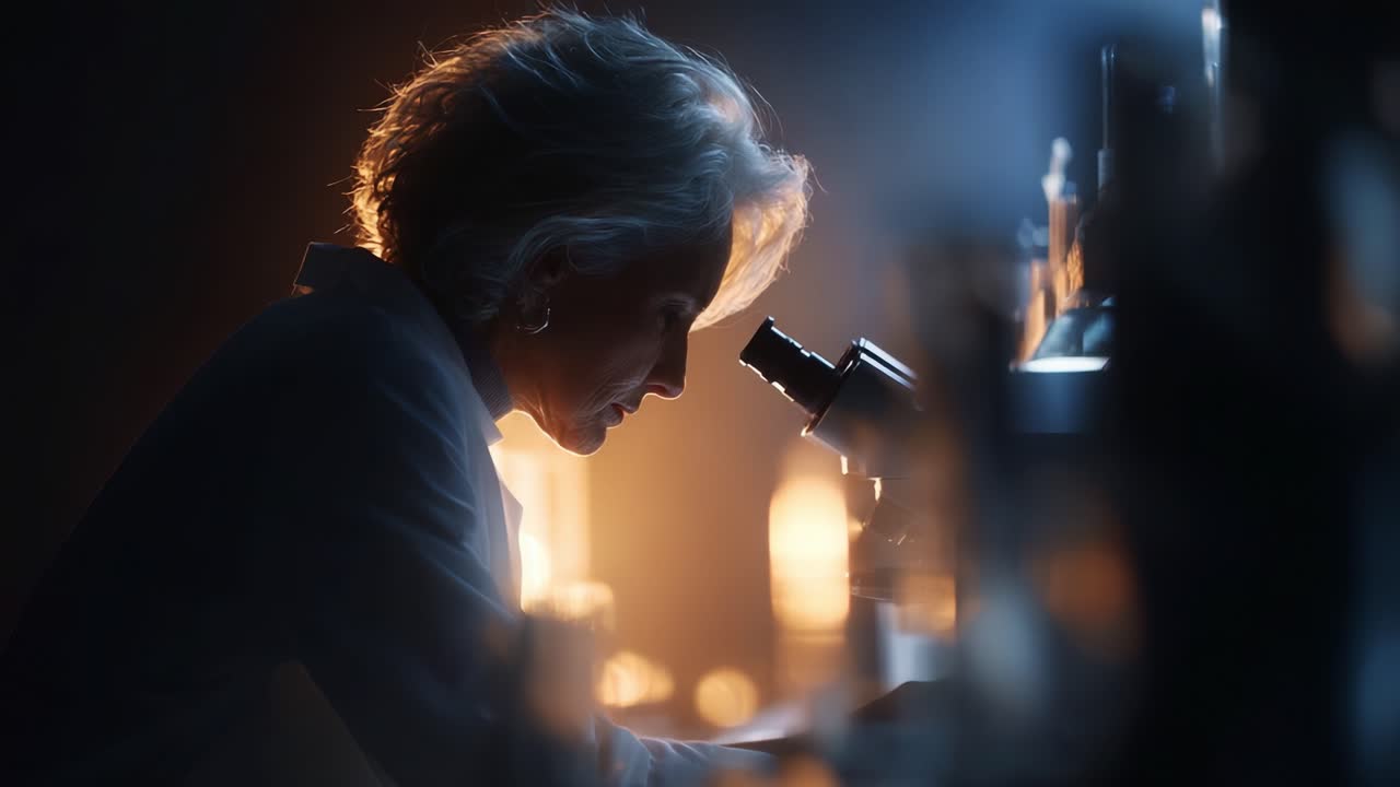 A Dedicated Scientist Concentrates While Observing Through a Microscope, Illuminated by Soft Ambient Light that Highlights Their Analytical Pursuit and Deep Focus on Research