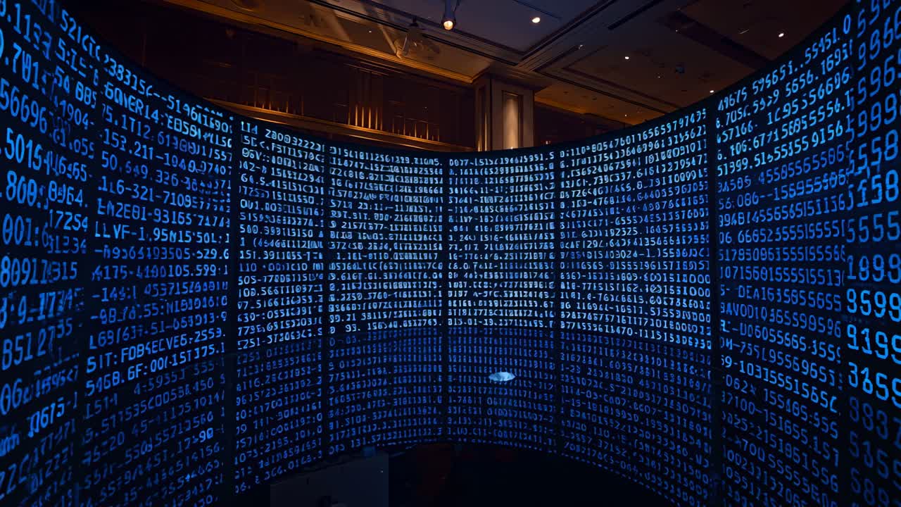 Camera facing LED wall, capturing scrolling blue code in hall, spot visible, showing data