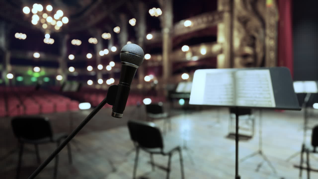 콘서트를 위해 무대 위에 마이크를 준비하고 있습니다.