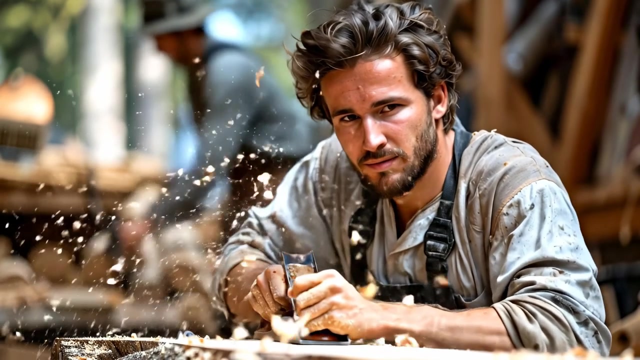 Male carpenter using hand plane tool on wood in workshop. A bearded man smoothing a wooden board with a hand plane as sawdust flies around in a carpentry workshop.