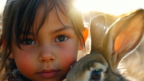 child holding rabbit at sunset in outdoor setting. a young child gently cradles a rabbit, illuminated by the warm glow of the setting sun.