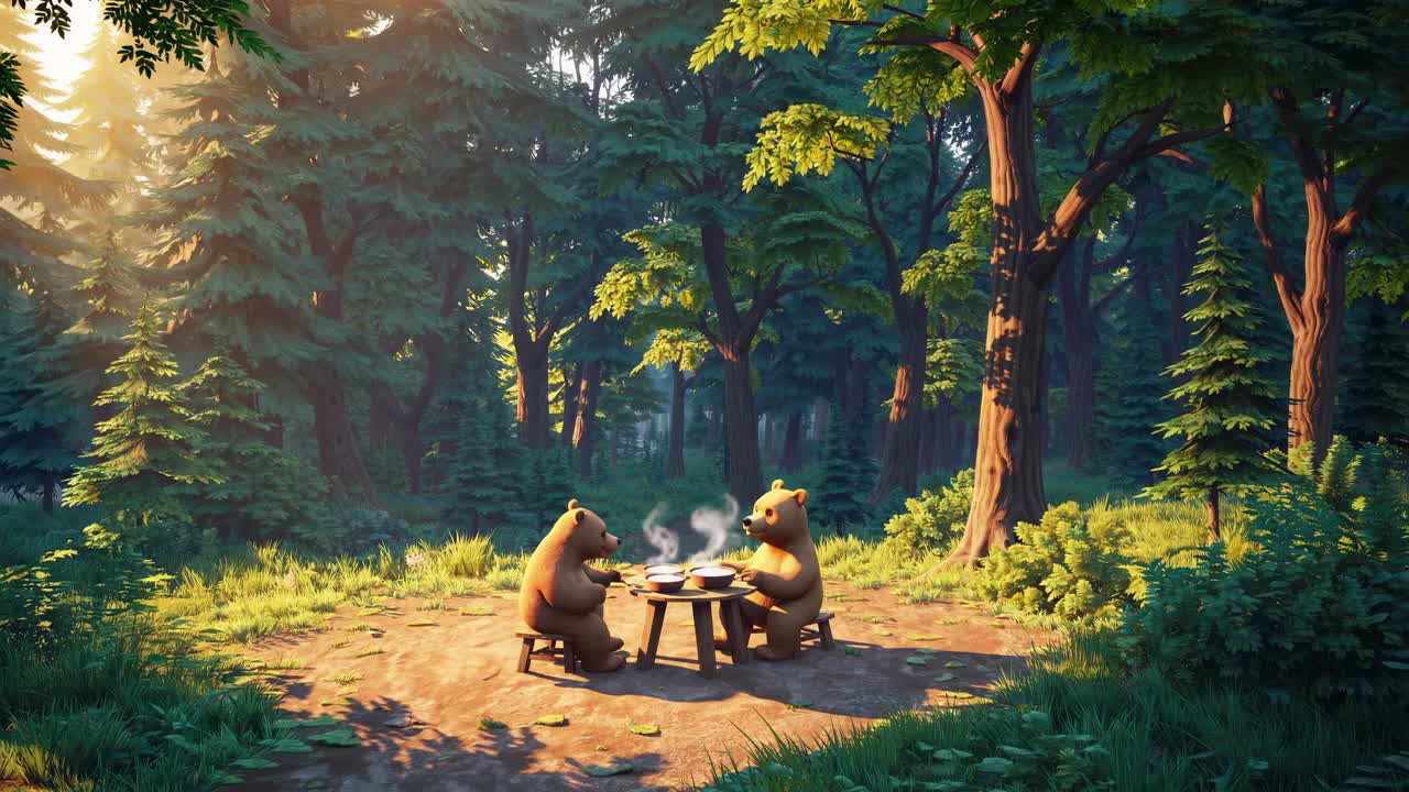 Charming 3D animation of two bears dining in a sunlit forest