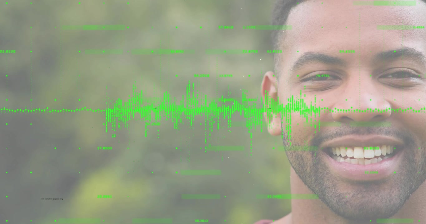 Uomo in maglietta che mostra la tecnologia, ridendo e avviando una forma d'onda verde che pulsa e svanisce