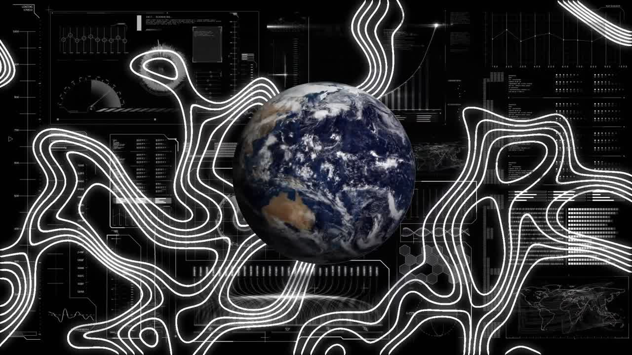 Animation of globe rotating over interface with data processing and topographical chart