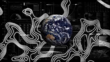 Animation-of-globe-rotating-over-interface-with-data-processing-and-topographical-chart