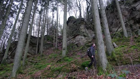 Man-walking-upwards-near-Huge-Rock-Formations-in-Mullerthal-Hiking-Trail-in-Luxembourg---Camera-on-side