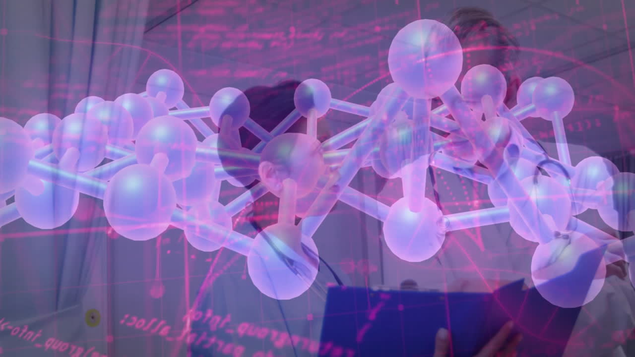 Examining data with molecular structure overlay, medical professionals in lab coats