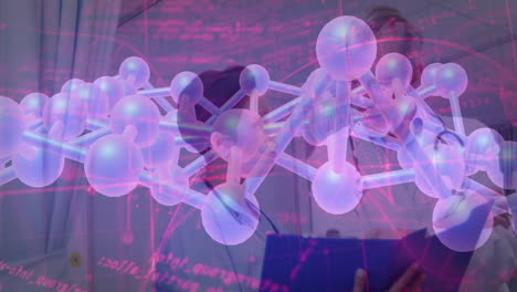 examining data with molecular structure overlay, medical professionals in lab coats