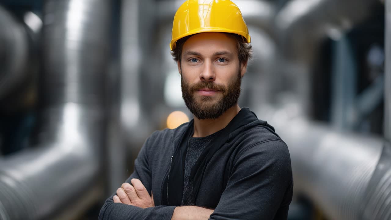 Lavoratore sicuro di sé con dispositivi di protezione individuale: ritratto di un professionista con un elmetto giallo in piedi in un ambiente industriale circondato da macchinari