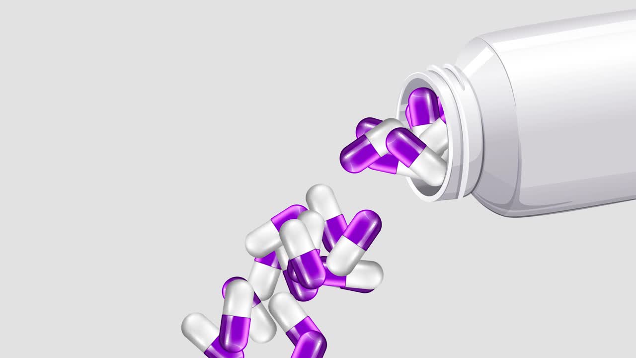 cápsulas violetas derramadas de una botella blanca
