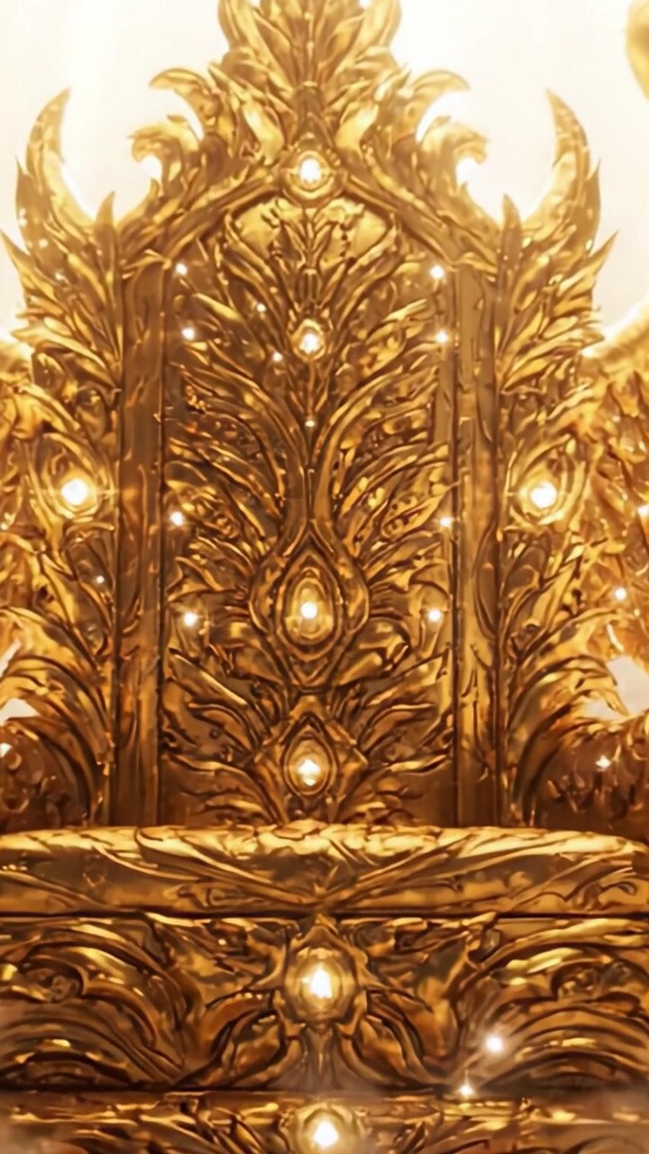 Opulento Trono Dorato con Dettagli Intricati Immerso in Luce Radiosa, Circondato da Nuvole Eteree, che Evoca un Senso di Maestà e Grandezza Divina in un'Ambientazione Fantastica