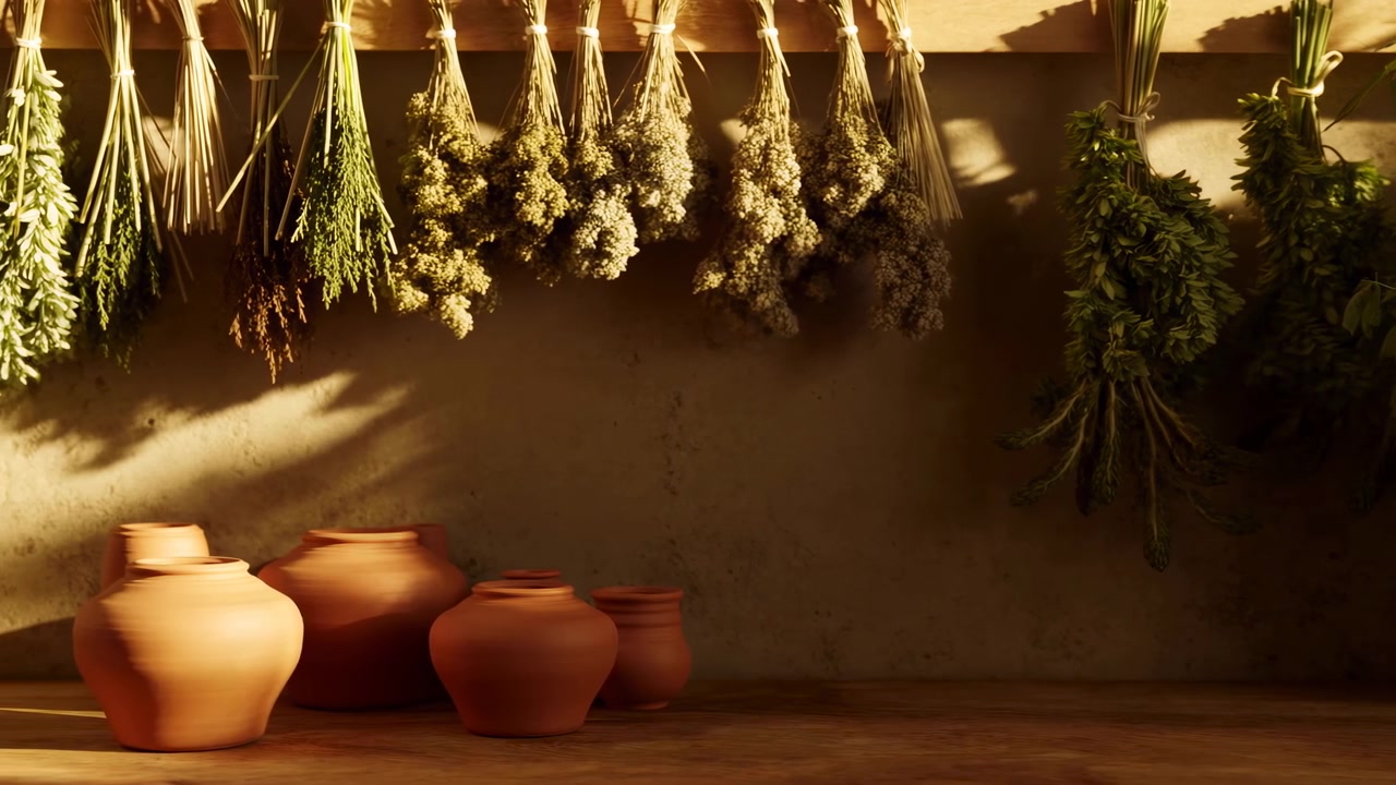Erbe aromatiche appese illuminate dal sole e vasi di argilla che creano una calda scena da erboristeria, vasi in terracotta su scaffale di legno