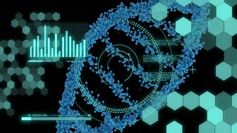 Animation of mathematical equations and data processing over dna strand on black background