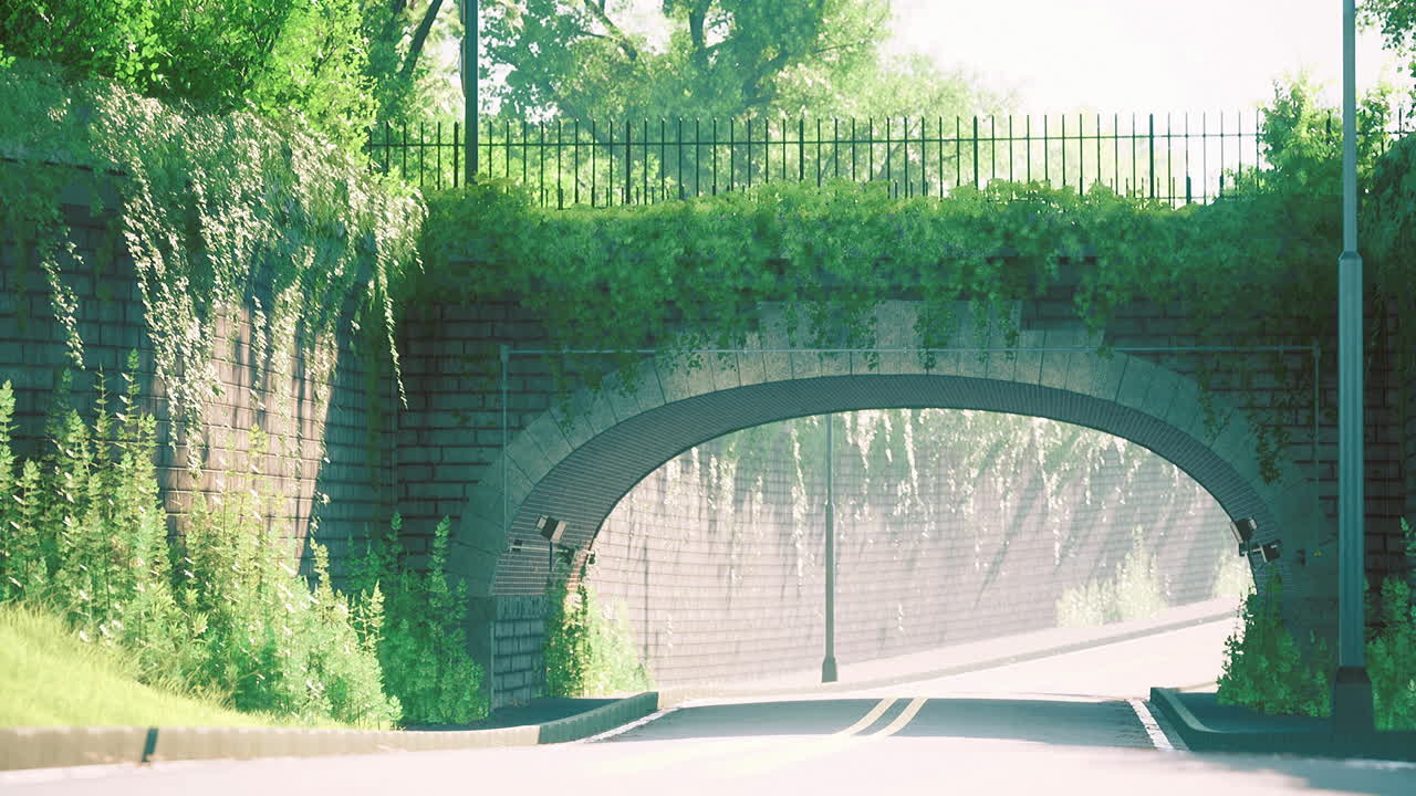 Greenery surrounds a stone archway under a sunny blue sky in a serene setting