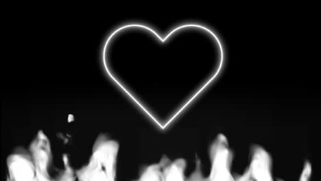 animación de un corazón de neón blanco parpadeando sobre un fondo negro con llamas blancas