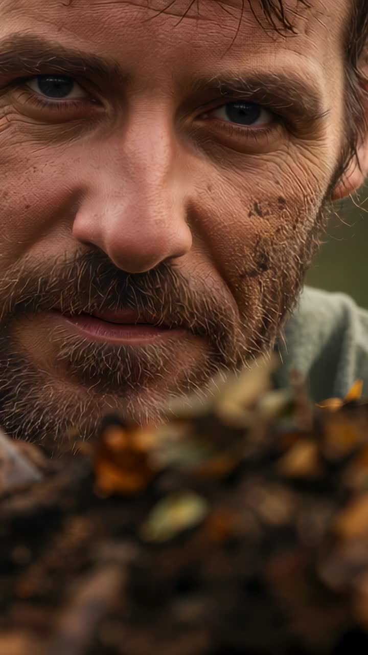 Vertical video: Spotting compost, man leaning closer, smiling, inspecting soil in field in jacket