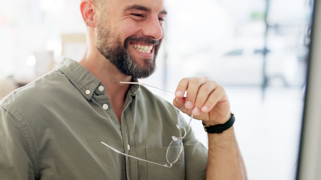 Laugh, computer and business man in office