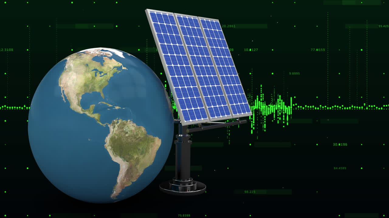 Animation of financial data processing over globe and solar panels