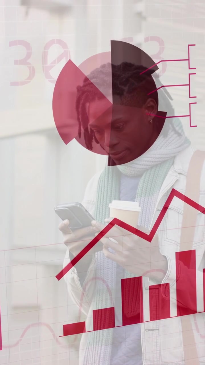 Vertical video: Man tapping phone, red globe sliding in overlaying phone, collecting analytics