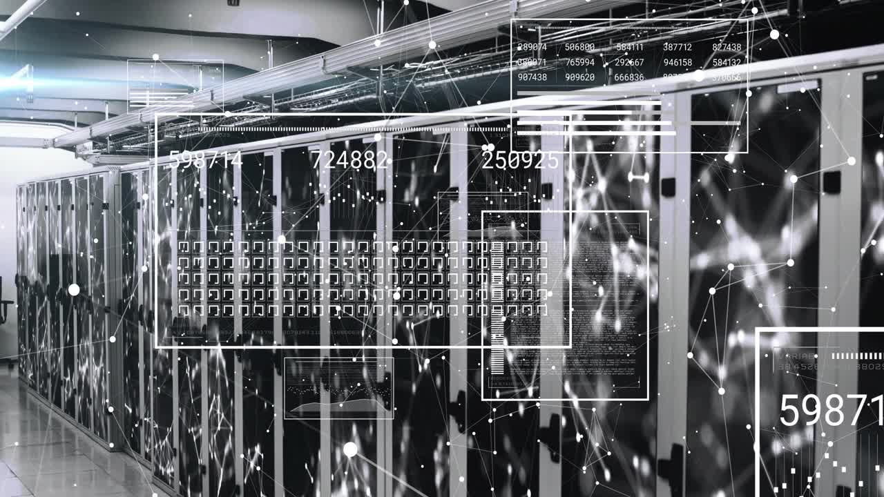 Server racks in flat style hosting floating data visuals along aisle linking nodes via charts