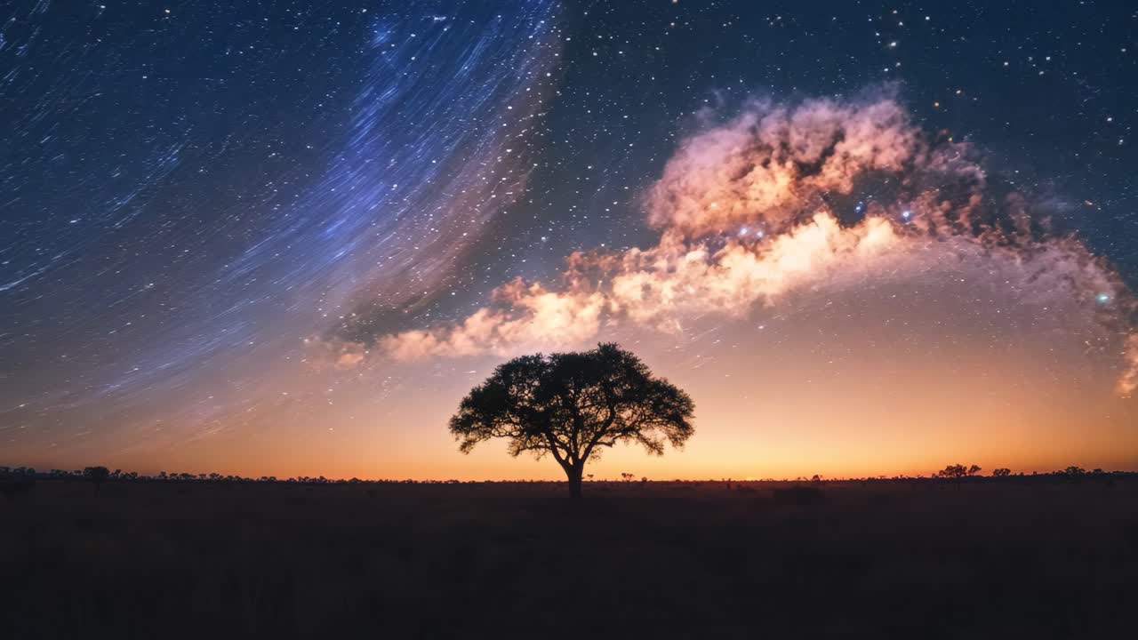 A tree stands in a field of grass with a sky full of stars. The scene ...