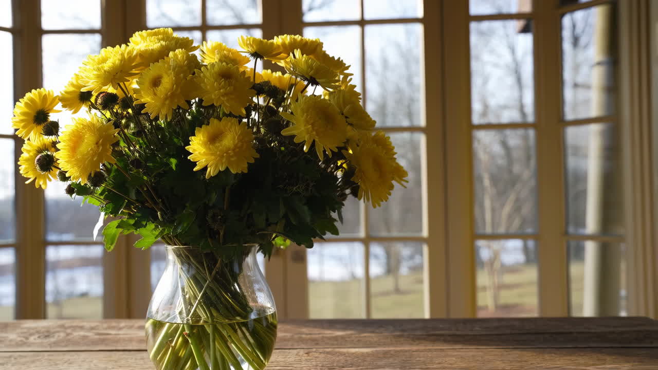 Yellow Chrysanthemums in a Glass Vase