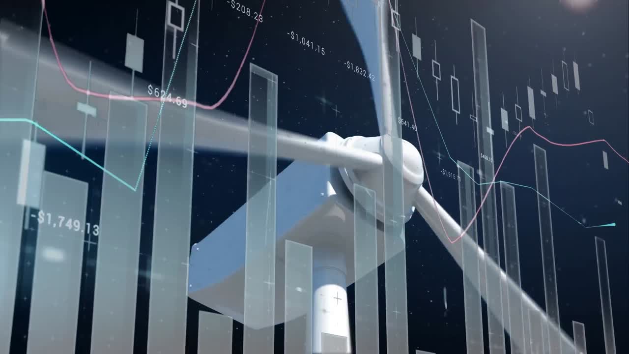 파란색 배경에 대해 회전하는 풍차의 클로즈업에 대한 통계 데이터 처리