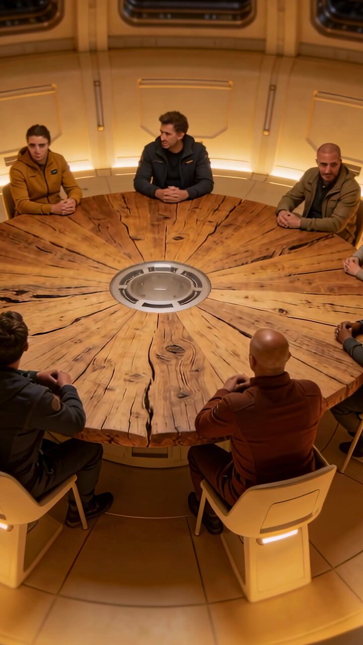 Vertical video: Talking 6 crew turning toward jacket speaker pointing in cabin at table for mission