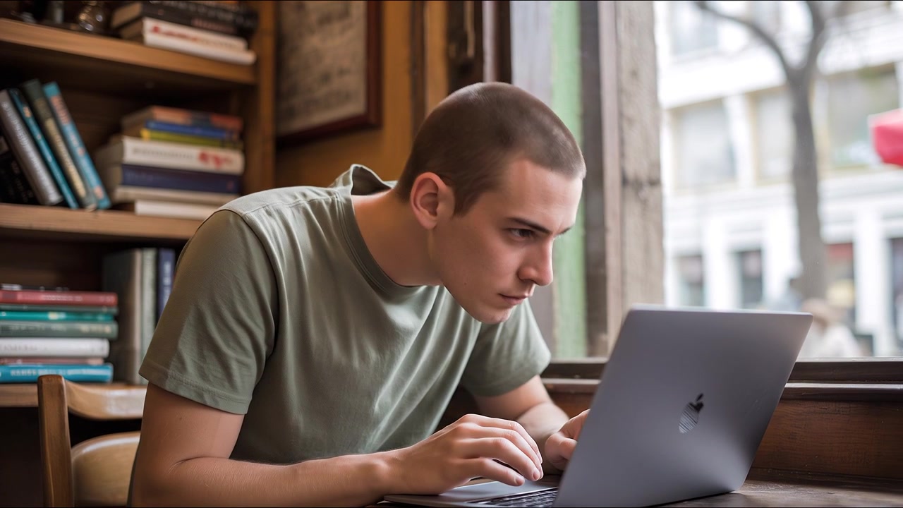Ung mann skriver på laptop på en kafé ved vinduet