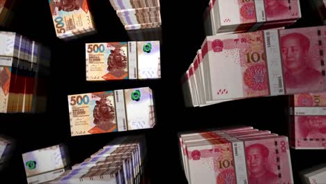 vuelo sobre el dólar de hong kong y el yuan chino dinero paquetes de billetes animación de bucle