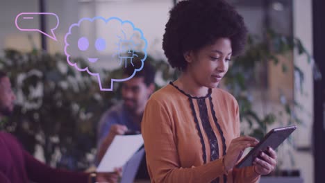 Animation of ai data processing over african american woman using tablet