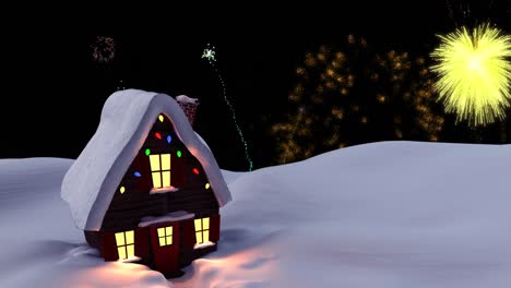 Animation-Von-Weihnachts--Und-Neujahrsfeuerwerken-Am-Nachthimmel-über-Einem-Schneebedeckten-Haus