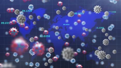 Animation-of-virus-cells-and-numbers-floating-over-blue-world-map