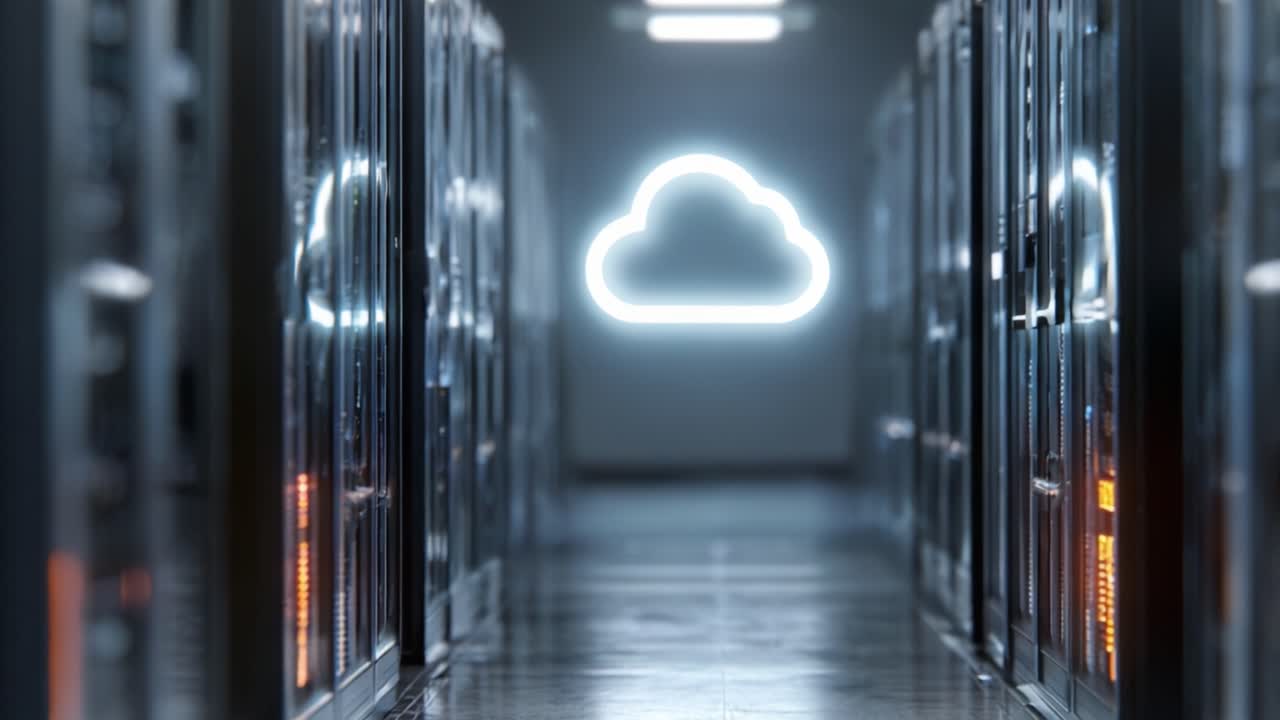 Exploring the Future of Data Storage: A Glimpse Inside a Modern Data Center with Cloud Computing Symbol and Server Racks in an Innovative Digital Workspace