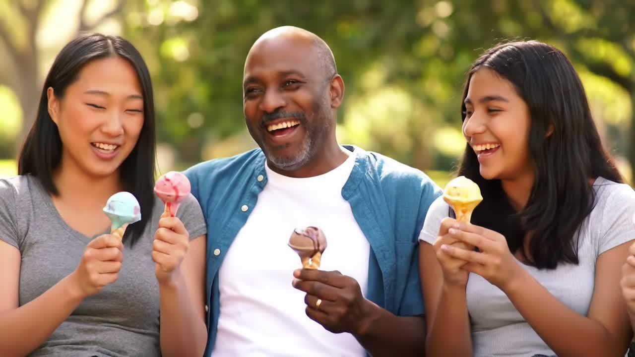 A Joyful Outdoor Gathering: Family Bonding Moments Over Delicious Ice Cream on a Sunny Day