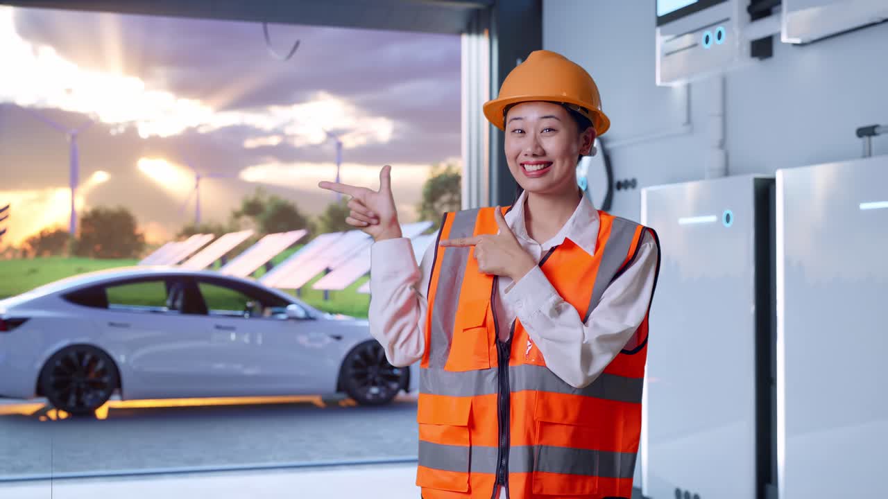 Asian Female Engineer With Safety Helmet Smiling And Pointing To Side With Home Energy Storage System In a Modern Garage