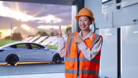 asian female engineer with safety helmet smiling and pointing to side with home energy storage system in a modern garage
