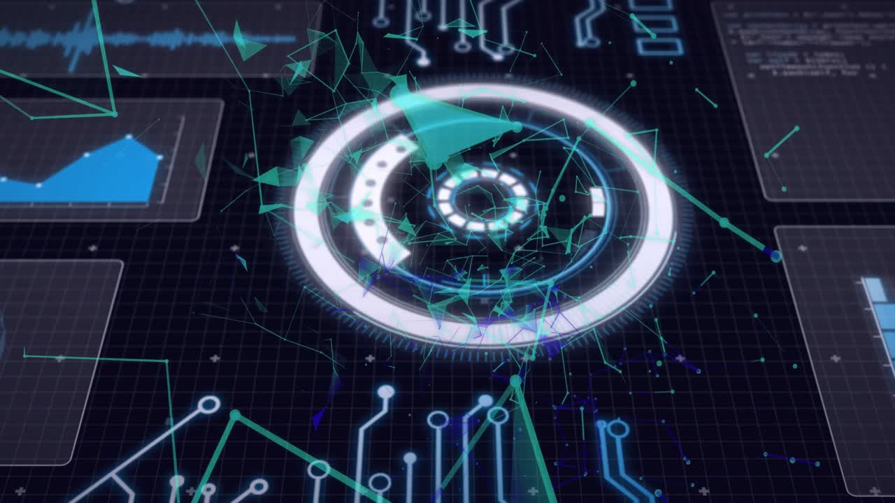 둥근 범위, 마더보드 및 검은색 배경에 움직이는 정보와 인터페이스의 애니메이션