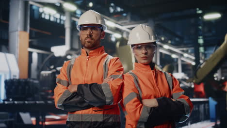 two factory workers posing at heavy industry manufacture in uniform close up.