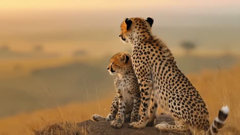 cheetah mother protecting vulnerable cub while sitting together on small african savanna hill, basking in warm golden sunrise light and sharing peaceful moment