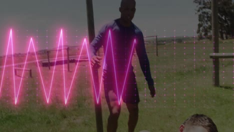 Animation-of-neon-heart-rate-over-diverse-men-training-outdoors