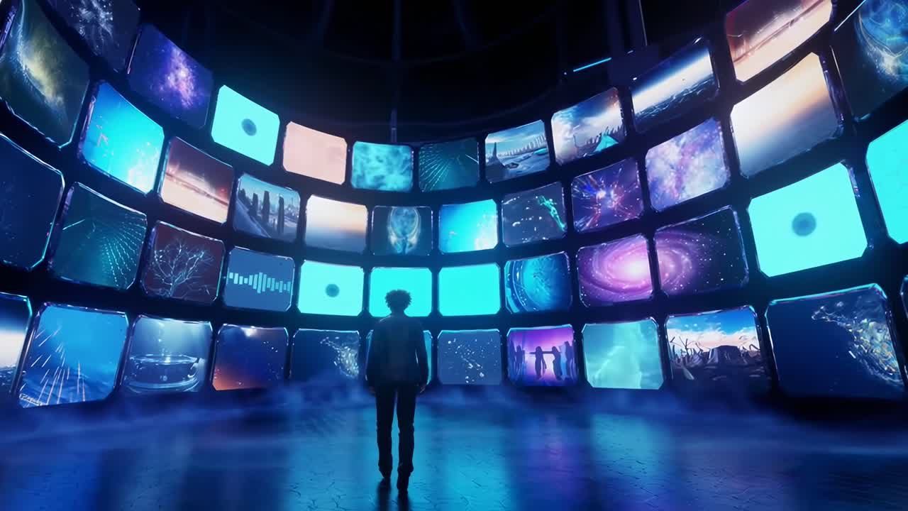 Wide-angle shot of a person in a futuristic room with curved video screens displaying galaxies