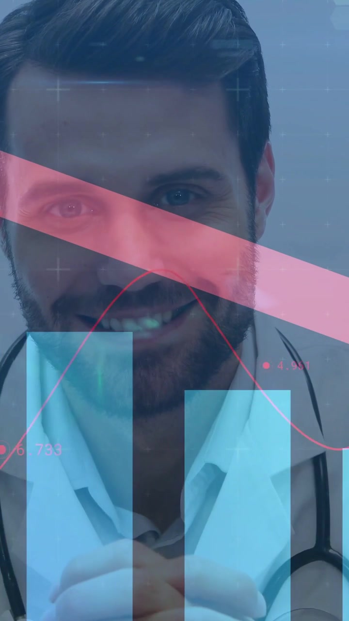 Vertical video: Camera zooming, doctor smiling hands clasped, health overlays highlighting results